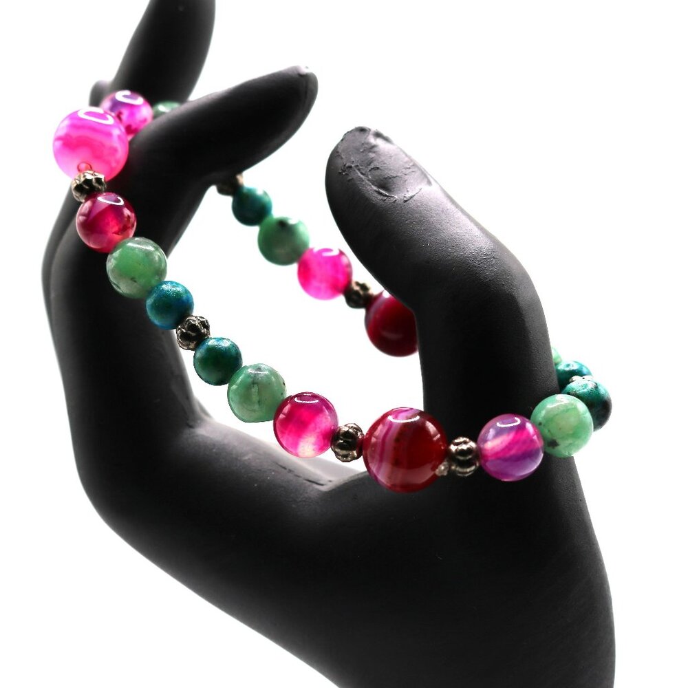 Stretchy Green And Pink Glass Marble Beads Bracelet